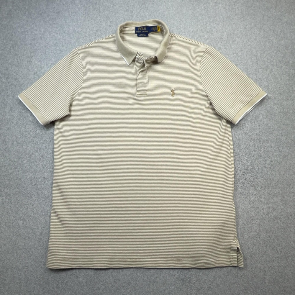 Ralph Lauren Stretch Mesh Polo Shirt Mens Medium Beige Stripe Classic Fit Logo